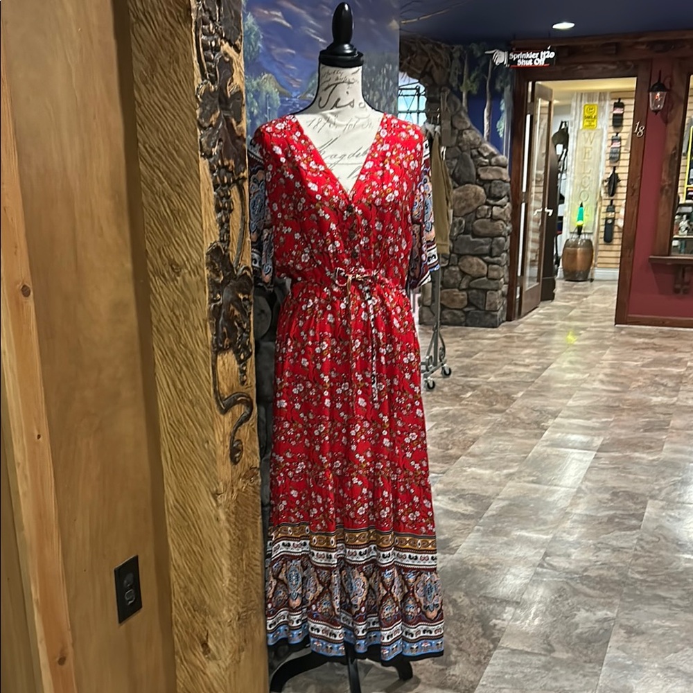 NWT Sacred Threads Red Multi Floral Maxi Dress